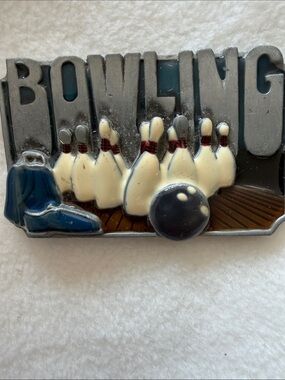 Vintage Bowling Pin and Ball Enamel Metal Belt Buckle Retro Sport